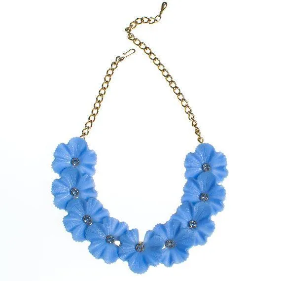 Blue Lucite Necklace with Pale Blue Rhinestones, Gold Tone, J Hook Clasp