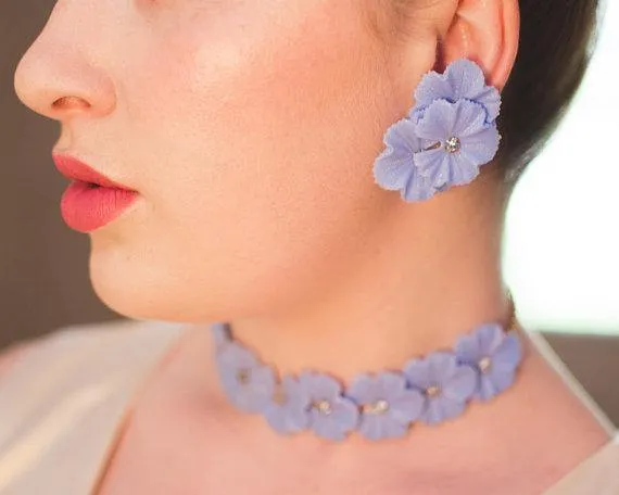 Blue Lucite Necklace with Pale Blue Rhinestones, Gold Tone, J Hook Clasp