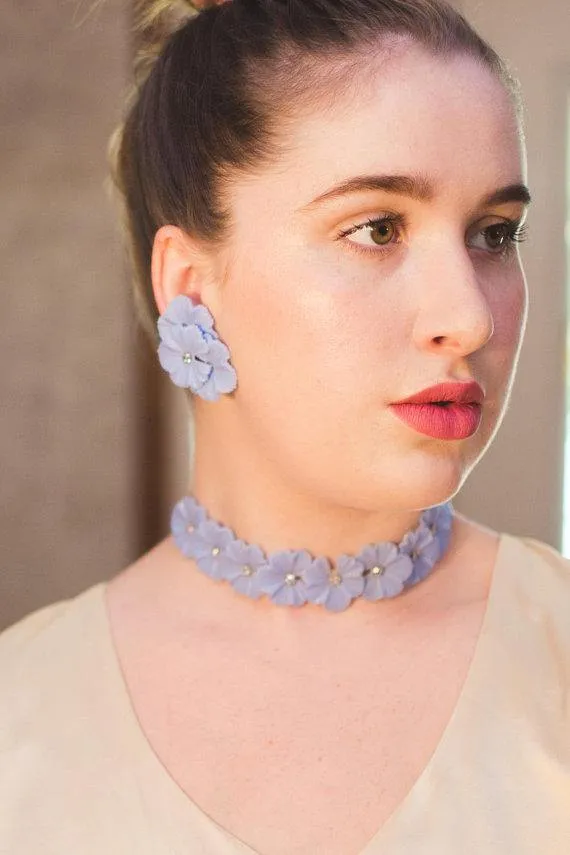 Blue Lucite Necklace with Pale Blue Rhinestones, Gold Tone, J Hook Clasp