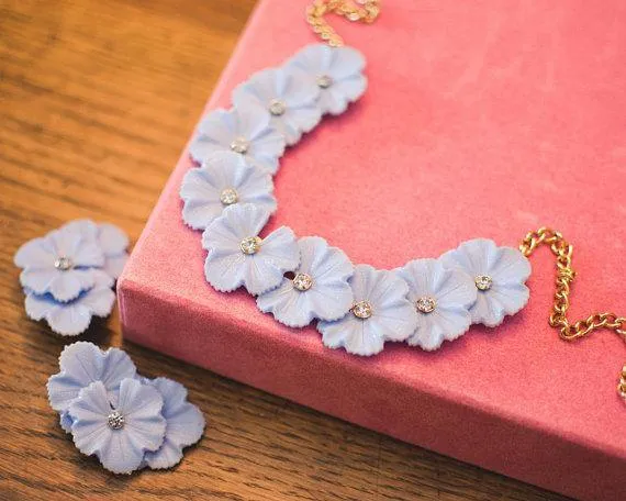 Blue Lucite Necklace with Pale Blue Rhinestones, Gold Tone, J Hook Clasp