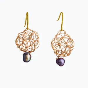 Blue Pearl Earrings with Extra Small Rose Gold Spun Discs
