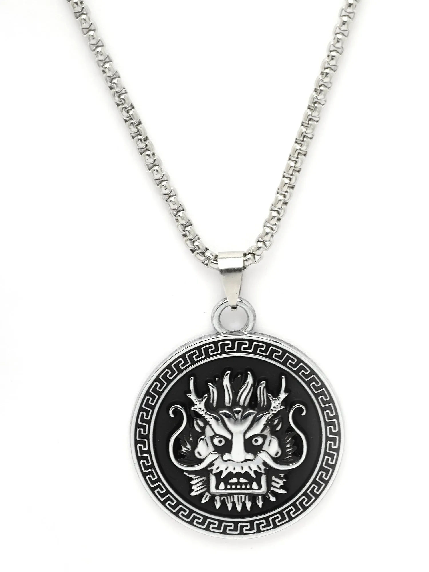 Bohey by KARATCART Silver Plated Black Dragon Carved Round Chain Pendant for Men