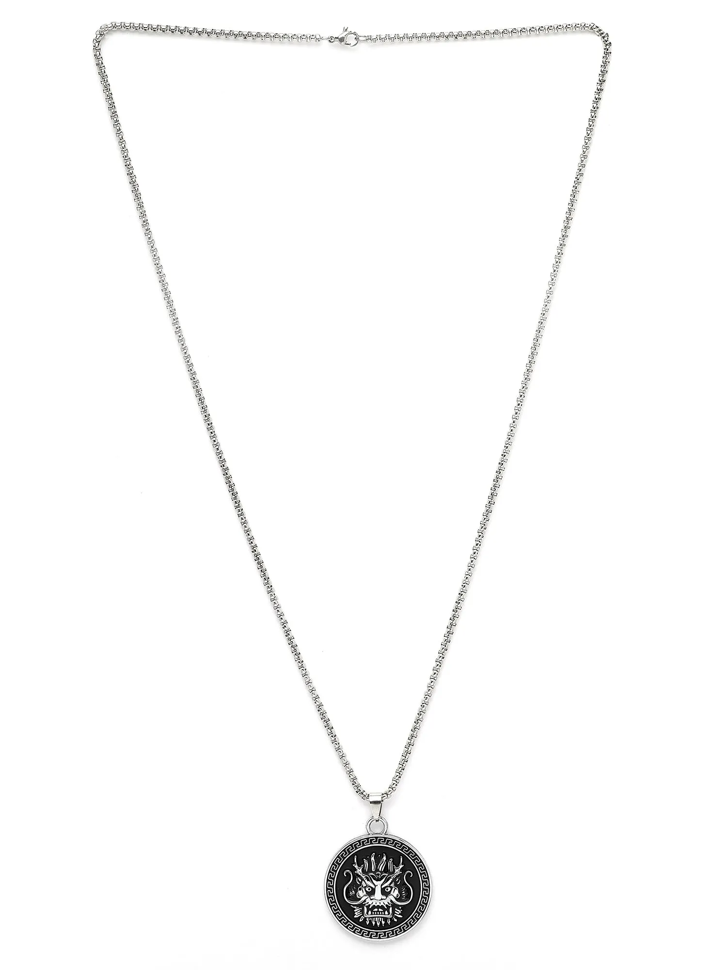 Bohey by KARATCART Silver Plated Black Dragon Carved Round Chain Pendant for Men