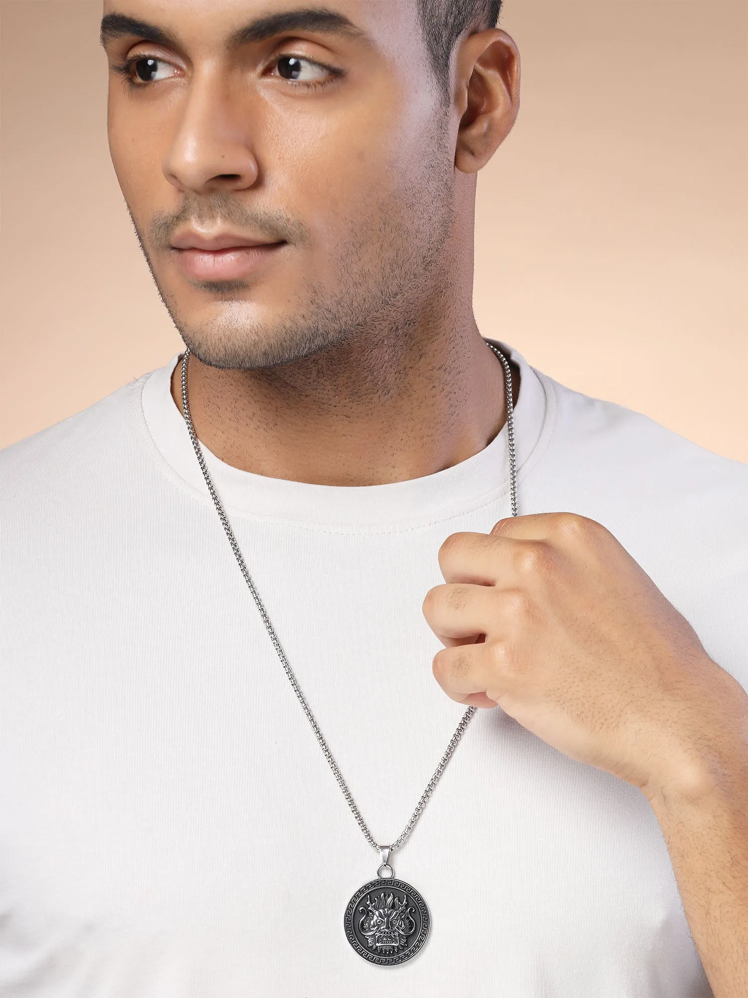 Bohey by KARATCART Silver Plated Black Dragon Carved Round Chain Pendant for Men