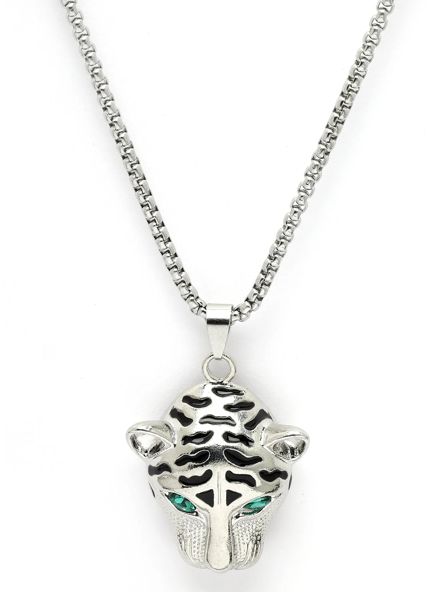 Bohey by KARATCART Silver Plated Green Eye Tiger Metal Chain Pendant for Men