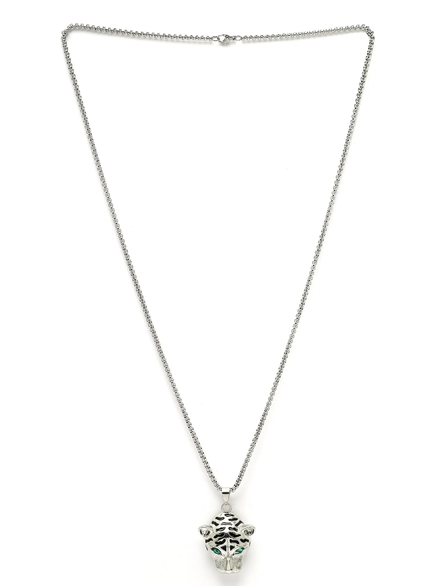 Bohey by KARATCART Silver Plated Green Eye Tiger Metal Chain Pendant for Men