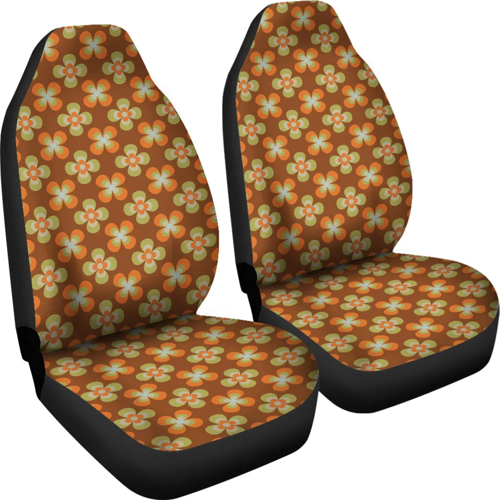 Brown With Retro Orange and Green Flower Pattern Car Seat Covers Set of 2 Universal Fit