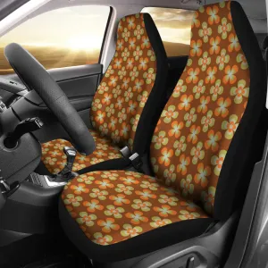 Brown With Retro Orange and Green Flower Pattern Car Seat Covers Set of 2 Universal Fit
