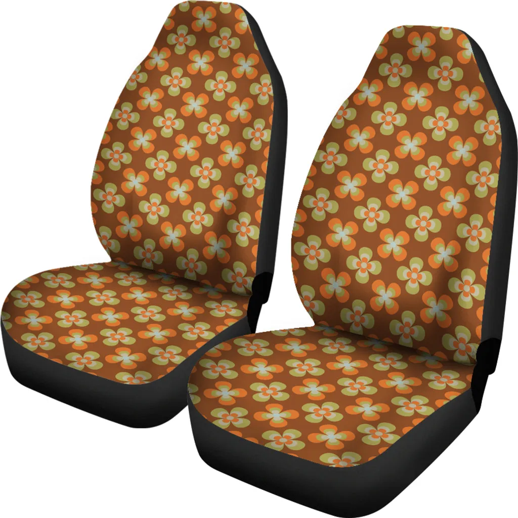 Brown With Retro Orange and Green Flower Pattern Car Seat Covers Set of 2 Universal Fit