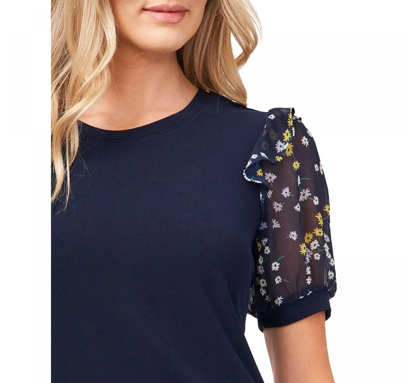 Cece Womens Scattered Daisy Puff Sleeve Knit Shirt 7021663 Navy Blue M