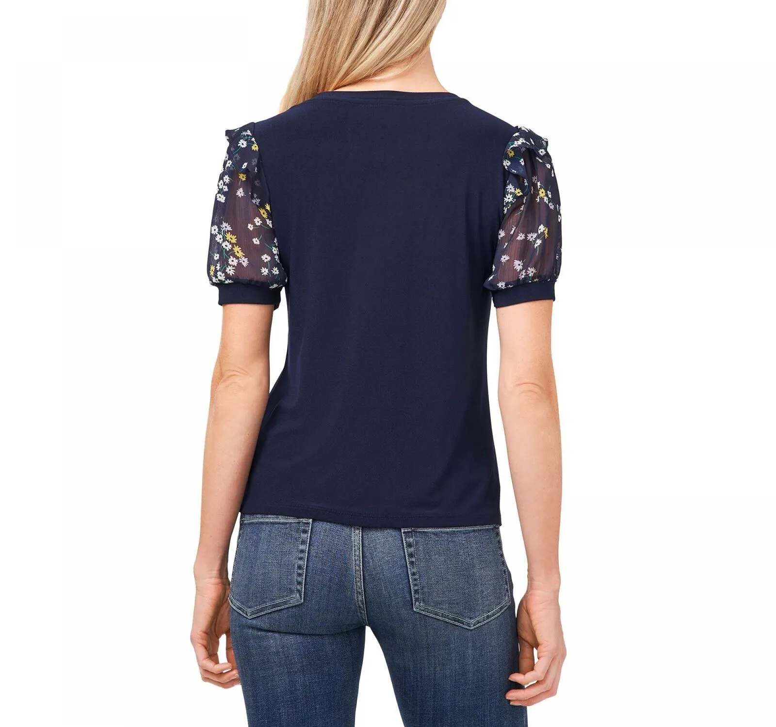 Cece Womens Scattered Daisy Puff Sleeve Knit Shirt 7021663 Navy Blue M