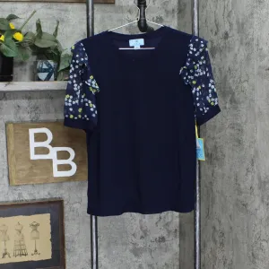 Cece Womens Scattered Daisy Puff Sleeve Knit Shirt 7021663 Navy Blue M