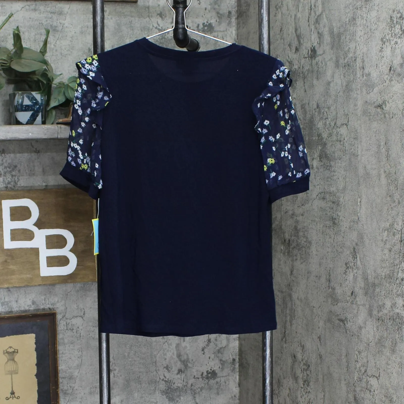 Cece Womens Scattered Daisy Puff Sleeve Knit Shirt 7021663 Navy Blue M