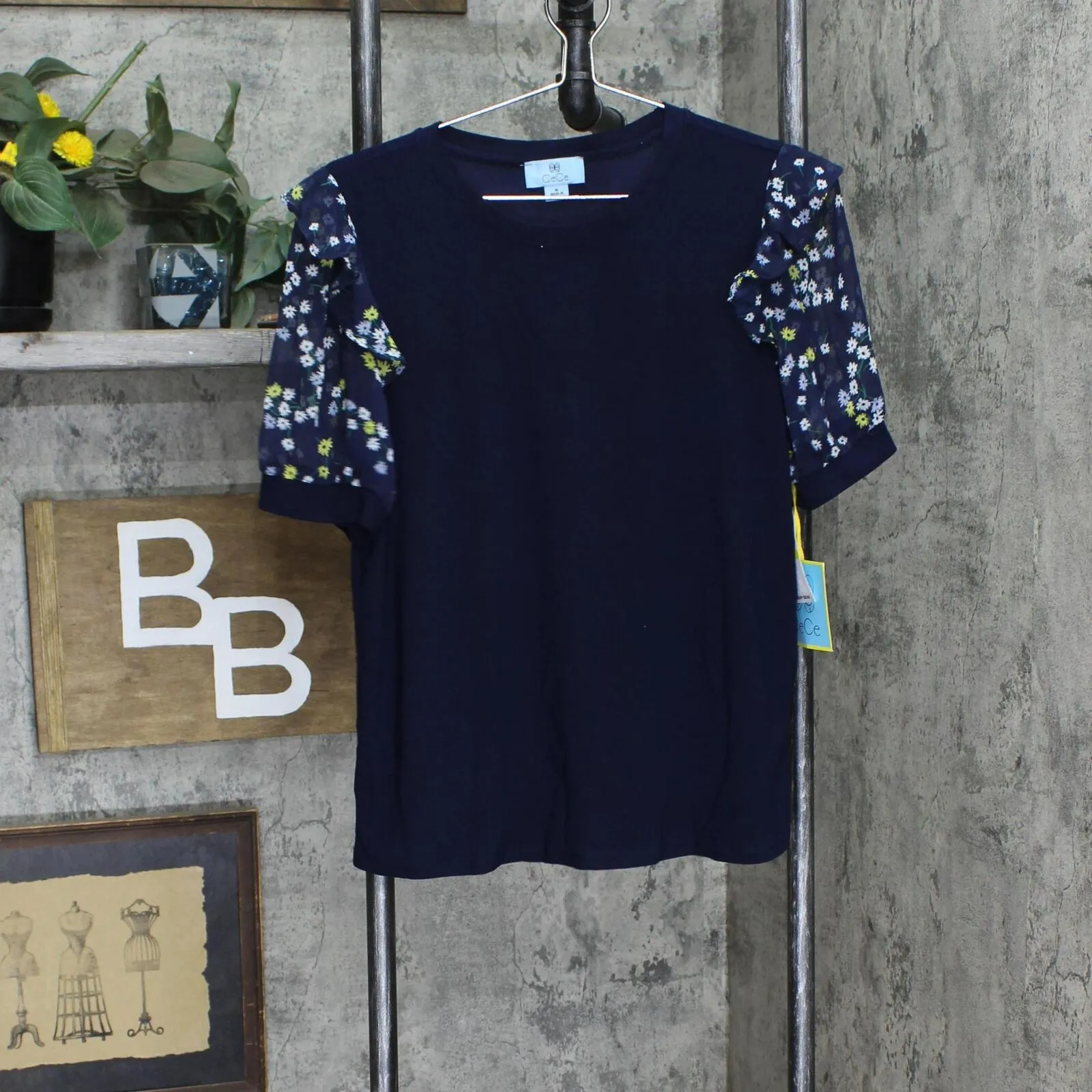 Cece Womens Scattered Daisy Puff Sleeve Knit Shirt 7021663 Navy Blue M