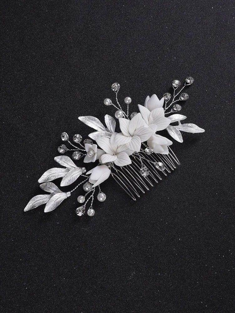 Ceramic Flower Pearl Bridal Hair Comb, Wedding Decorative Floral Hair Comb, Clay Flower White Hair Comb Hairpin