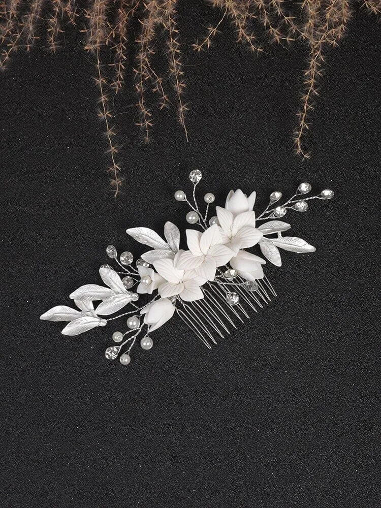 Ceramic Flower Pearl Bridal Hair Comb, Wedding Decorative Floral Hair Comb, Clay Flower White Hair Comb Hairpin