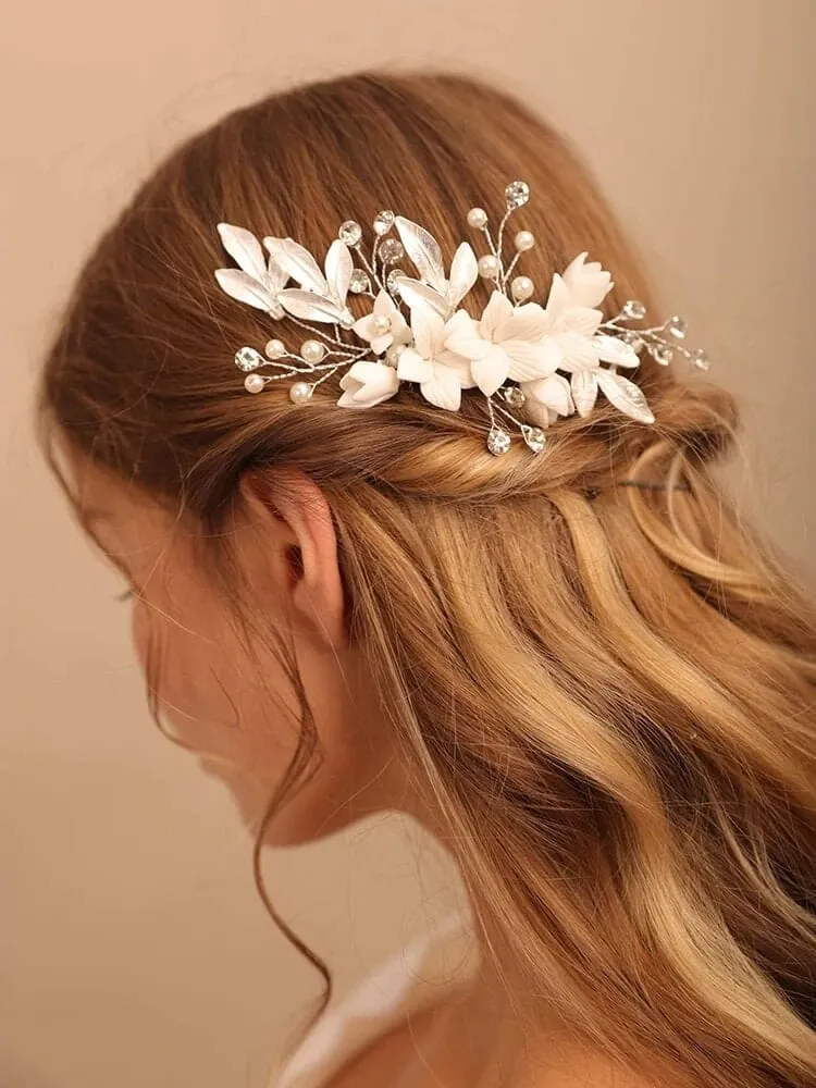 Ceramic Flower Pearl Bridal Hair Comb, Wedding Decorative Floral Hair Comb, Clay Flower White Hair Comb Hairpin