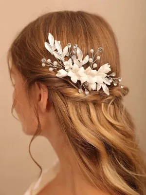 Ceramic Flower Pearl Bridal Hair Comb, Wedding Decorative Floral Hair Comb, Clay Flower White Hair Comb Hairpin