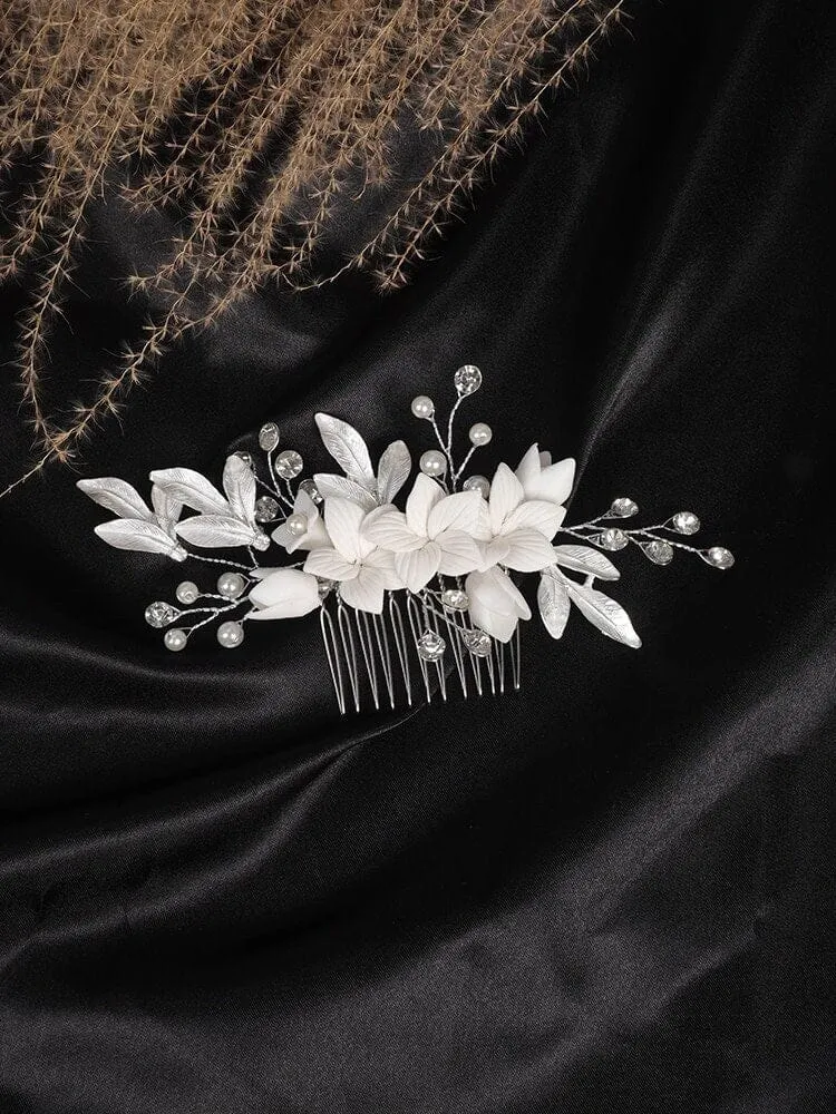 Ceramic Flower Pearl Bridal Hair Comb, Wedding Decorative Floral Hair Comb, Clay Flower White Hair Comb Hairpin