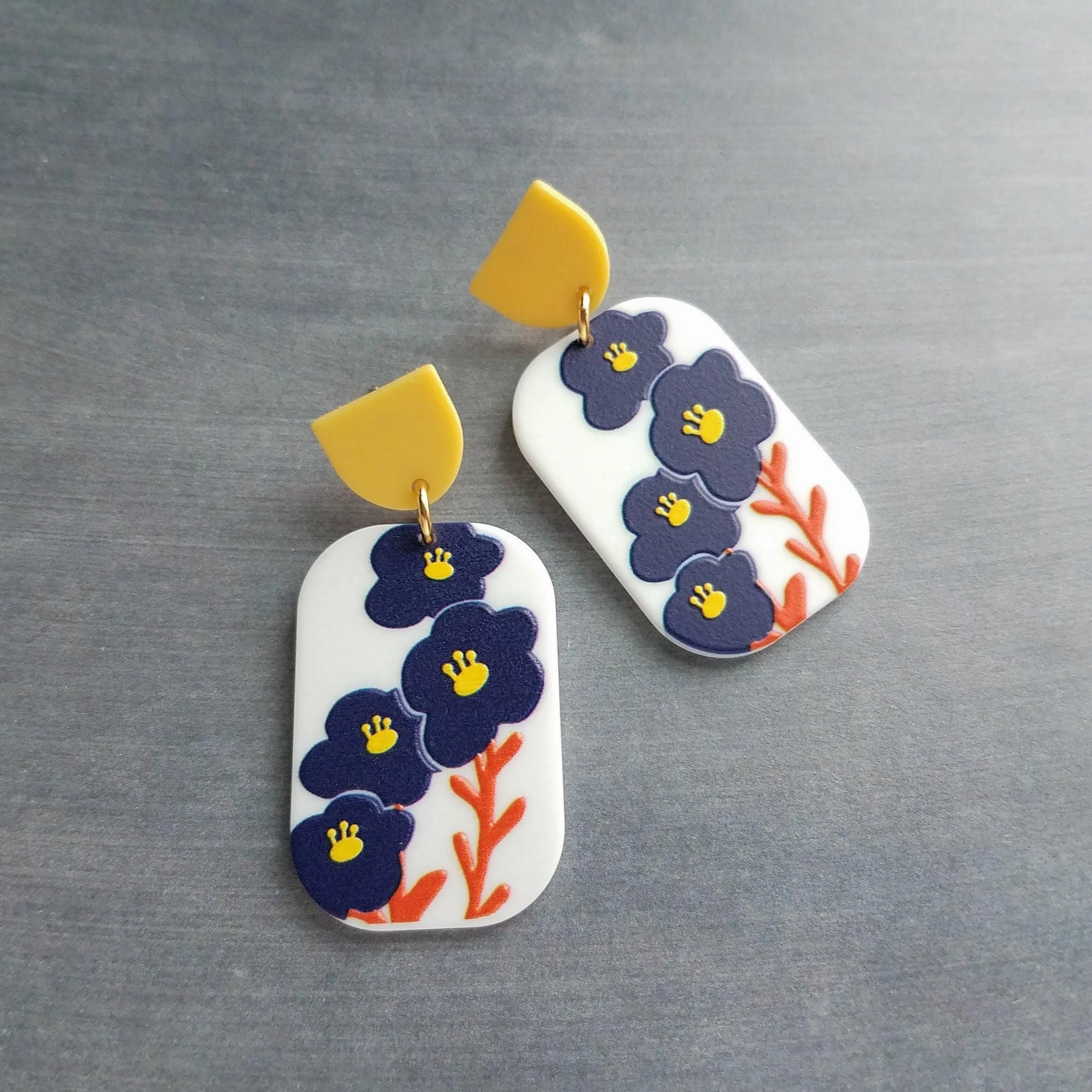 Chunky Floral Earrings, large 80s earring, acrylic earring, plastic earring, 1980s style, matte white navy blue orange yellow, rectangle