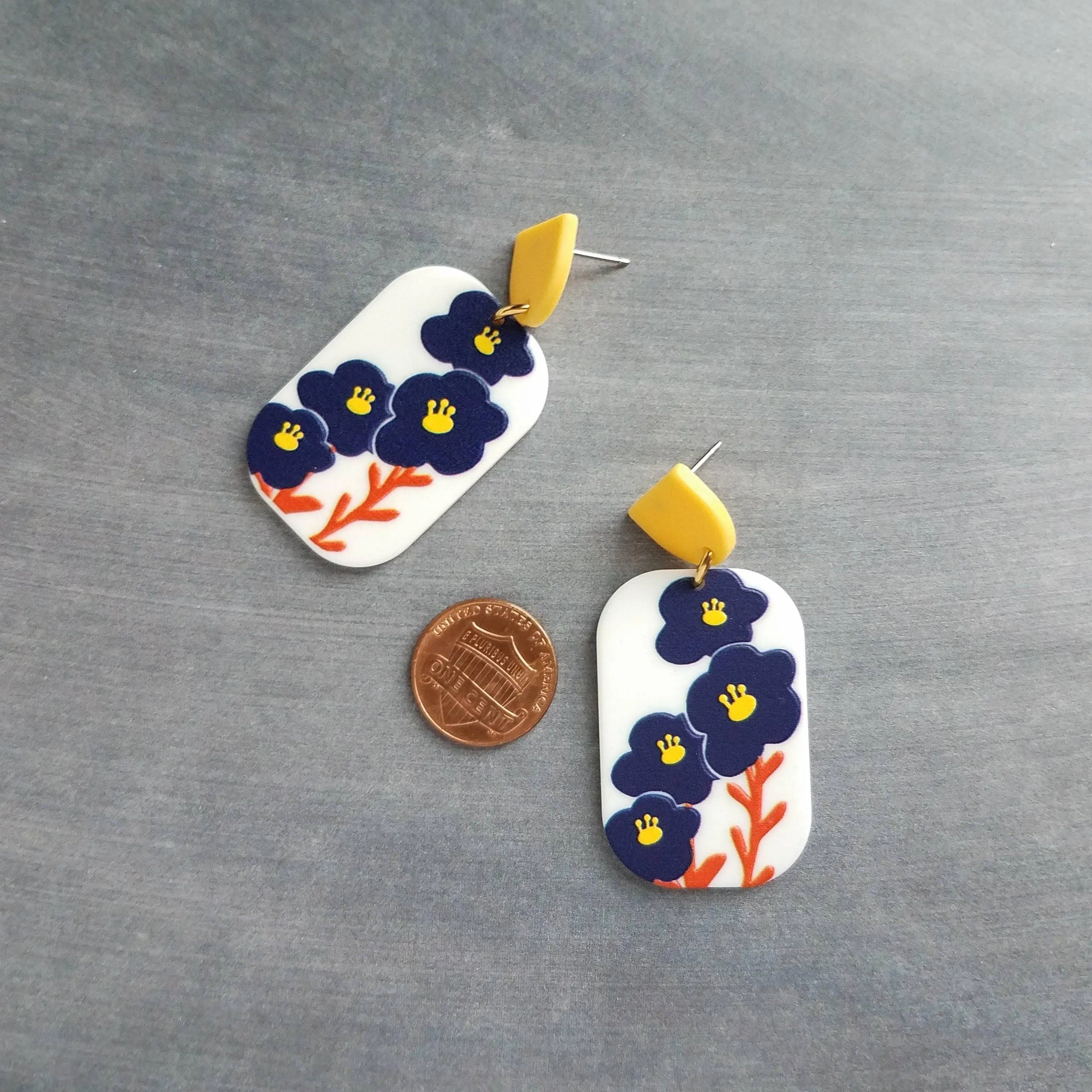 Chunky Floral Earrings, large 80s earring, acrylic earring, plastic earring, 1980s style, matte white navy blue orange yellow, rectangle