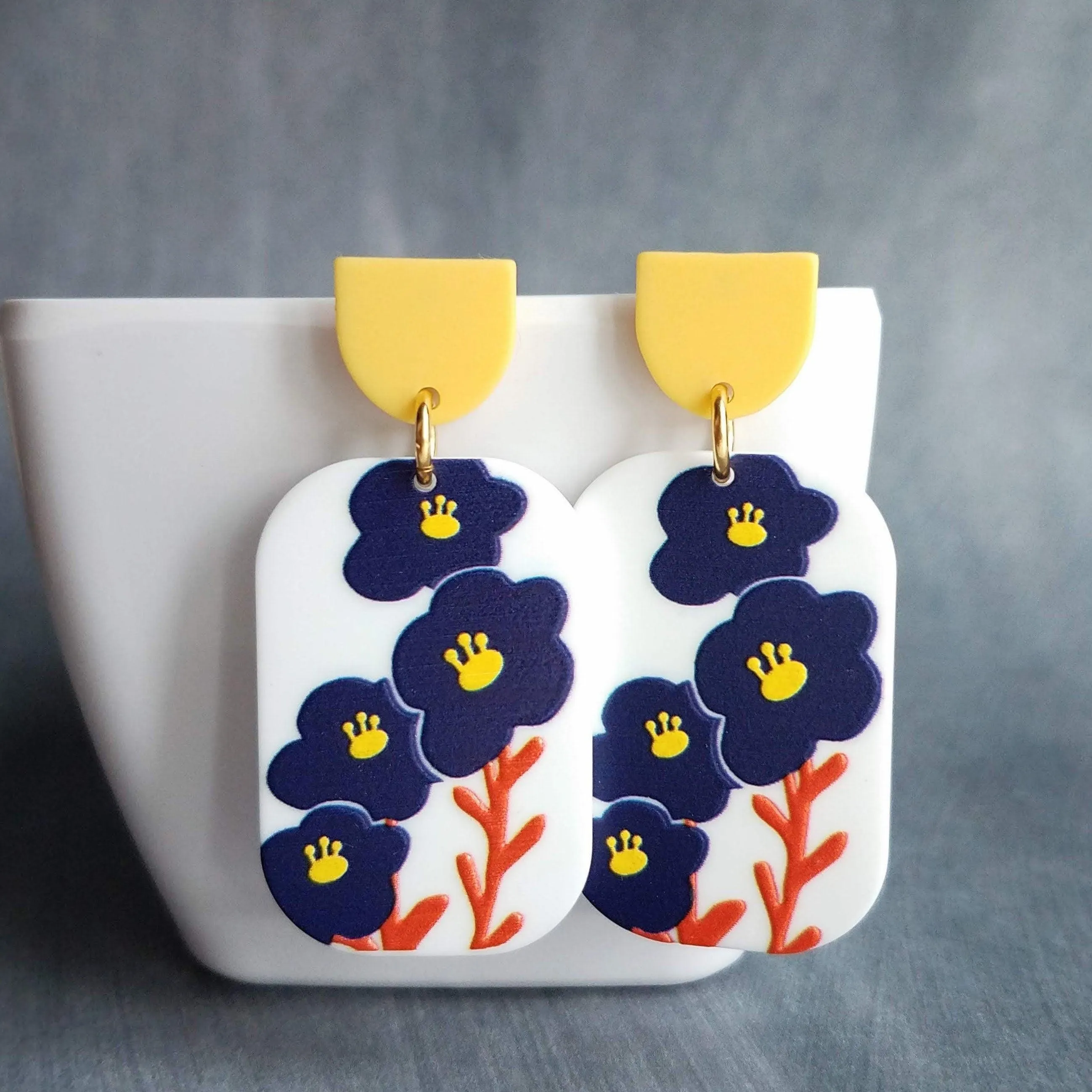 Chunky Floral Earrings, large 80s earring, acrylic earring, plastic earring, 1980s style, matte white navy blue orange yellow, rectangle