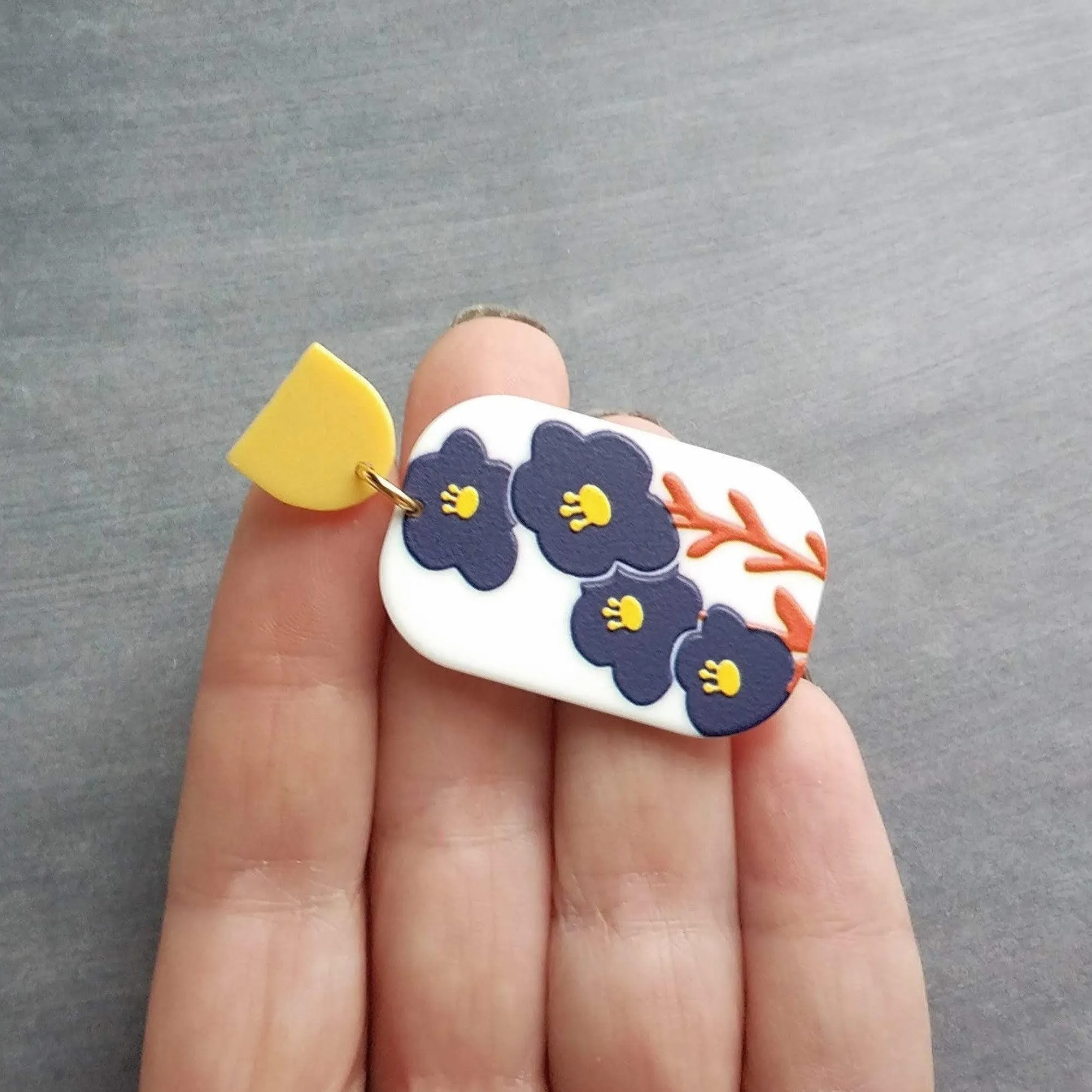 Chunky Floral Earrings, large 80s earring, acrylic earring, plastic earring, 1980s style, matte white navy blue orange yellow, rectangle