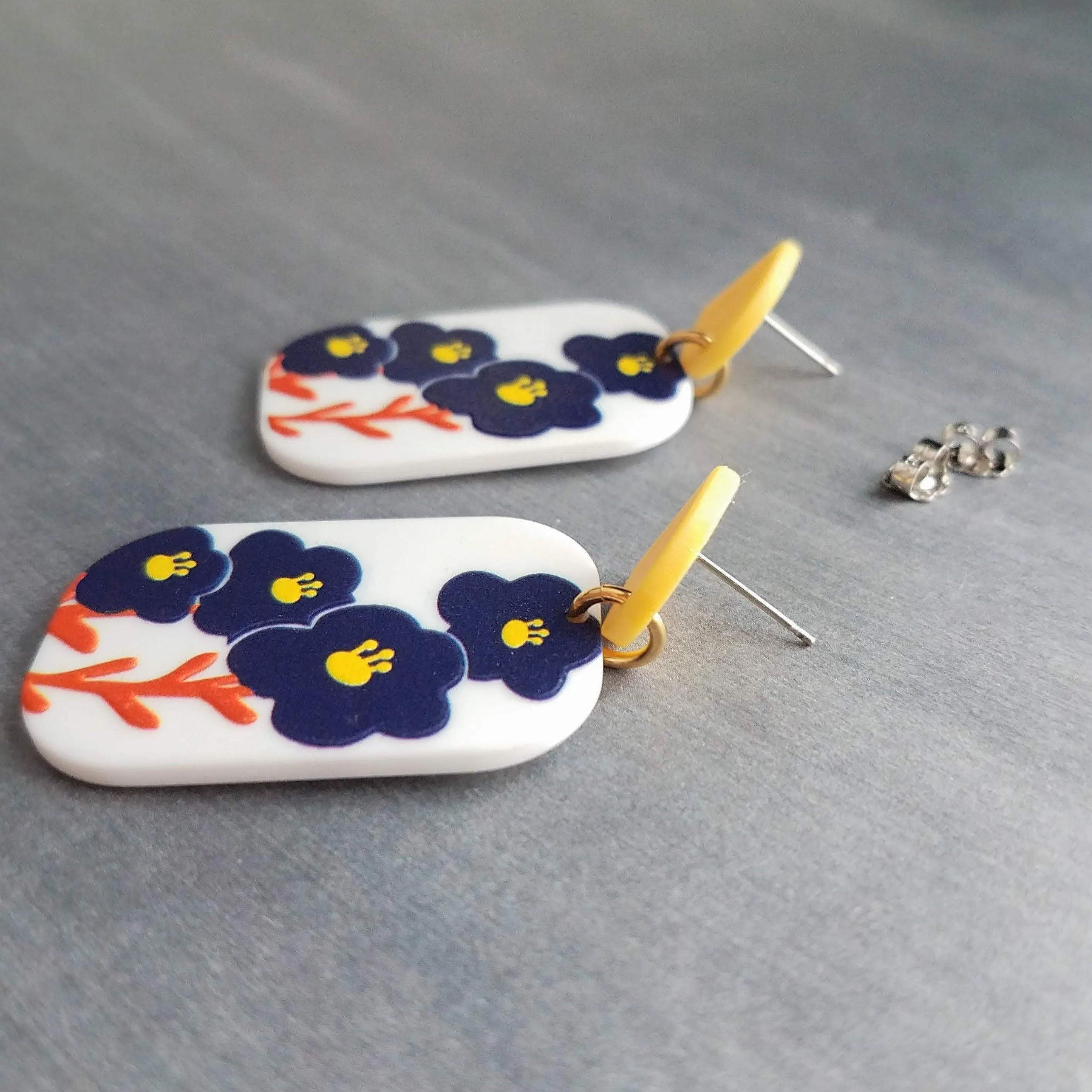 Chunky Floral Earrings, large 80s earring, acrylic earring, plastic earring, 1980s style, matte white navy blue orange yellow, rectangle