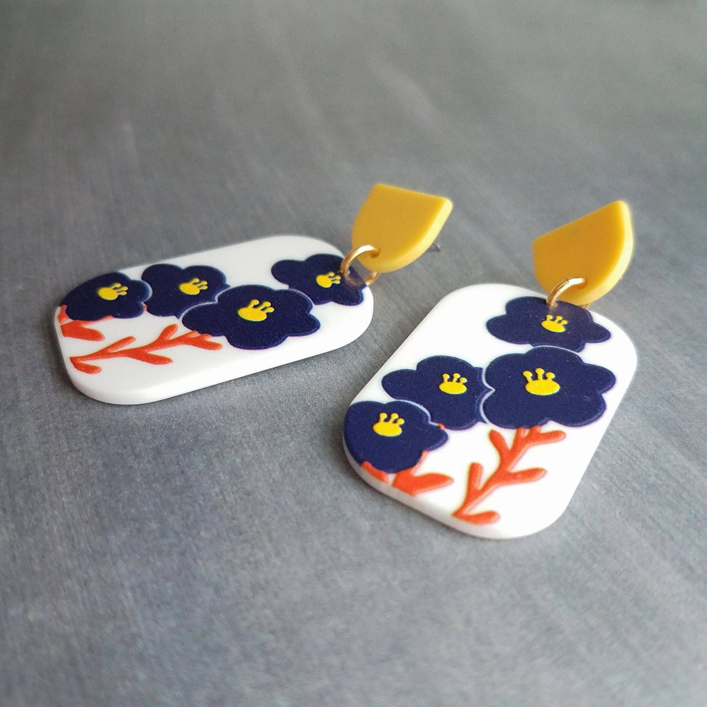 Chunky Floral Earrings, large 80s earring, acrylic earring, plastic earring, 1980s style, matte white navy blue orange yellow, rectangle