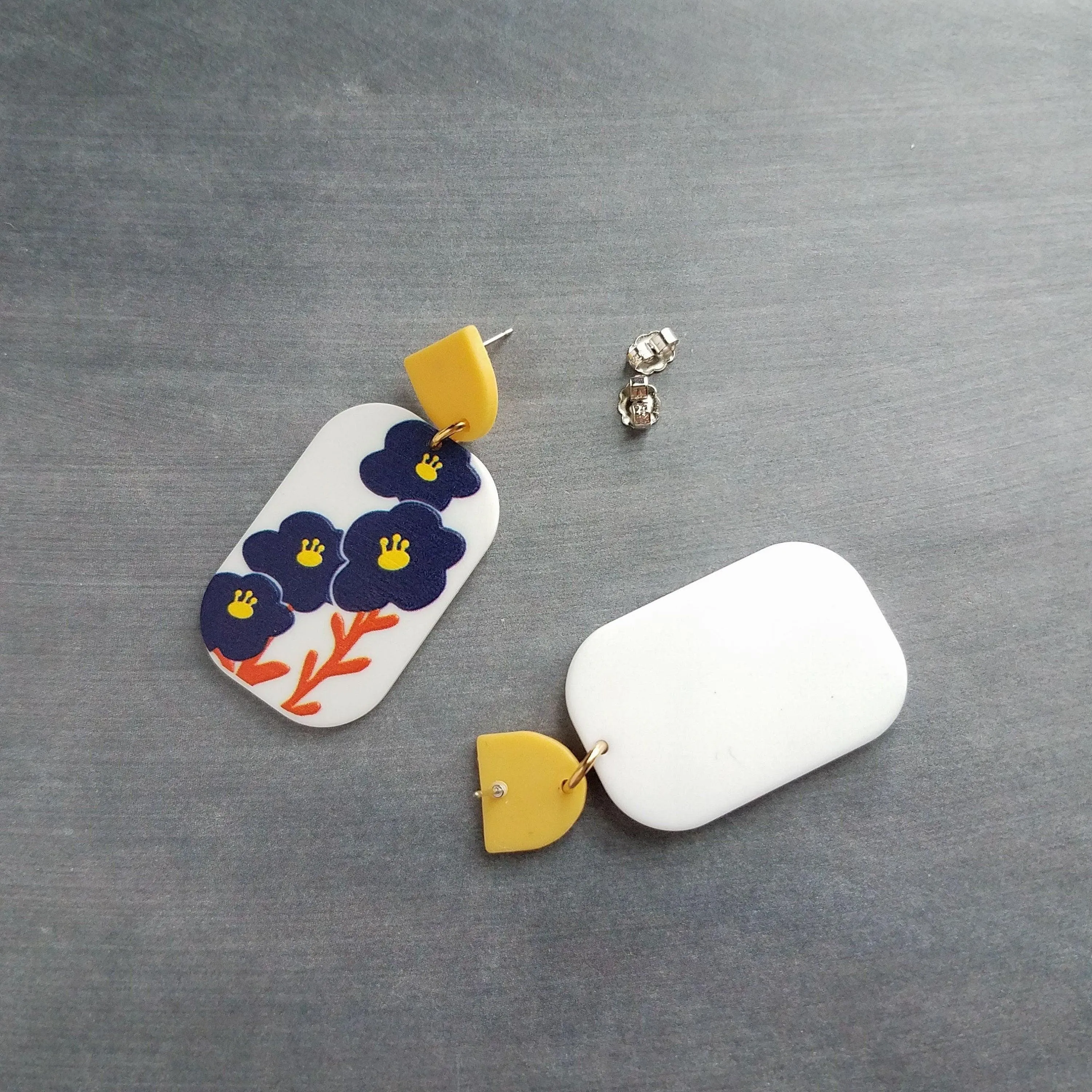 Chunky Floral Earrings, large 80s earring, acrylic earring, plastic earring, 1980s style, matte white navy blue orange yellow, rectangle