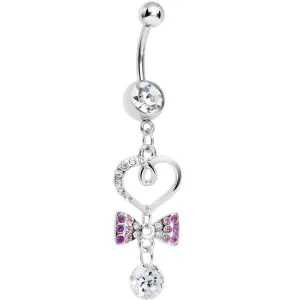Clear CZ Drop Pink Gem Bow Half Paved Heart Dangle Belly Ring
