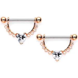 Clear CZ Gem Rose Gold Tone Lacy Heart Dangle Barbell Nipple Ring Set