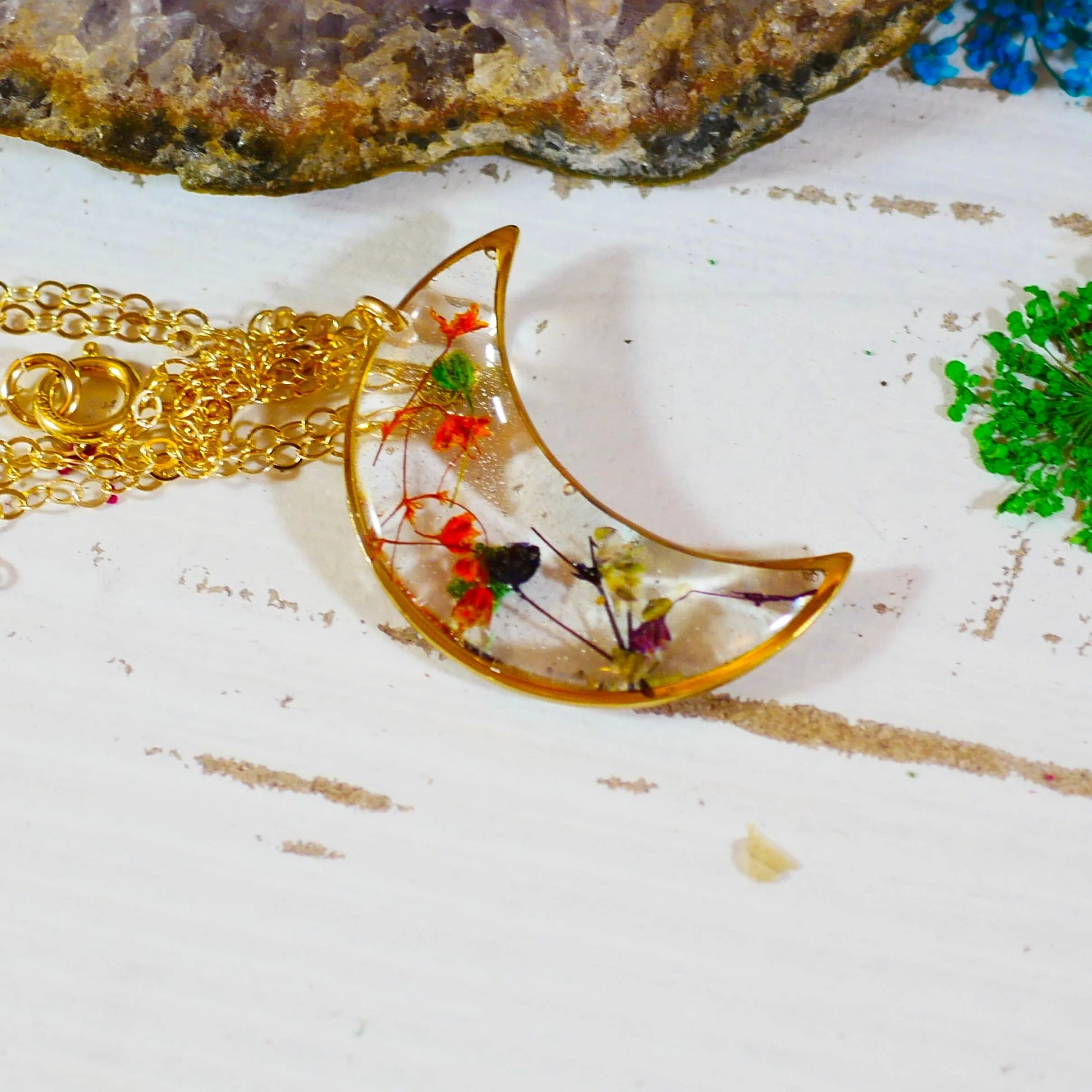 Colorful Pressed Baby’s Breath Moon Pendant Necklace – Sterling Silver or Gold-Filled with Hand-Dyed Flowers in Resin