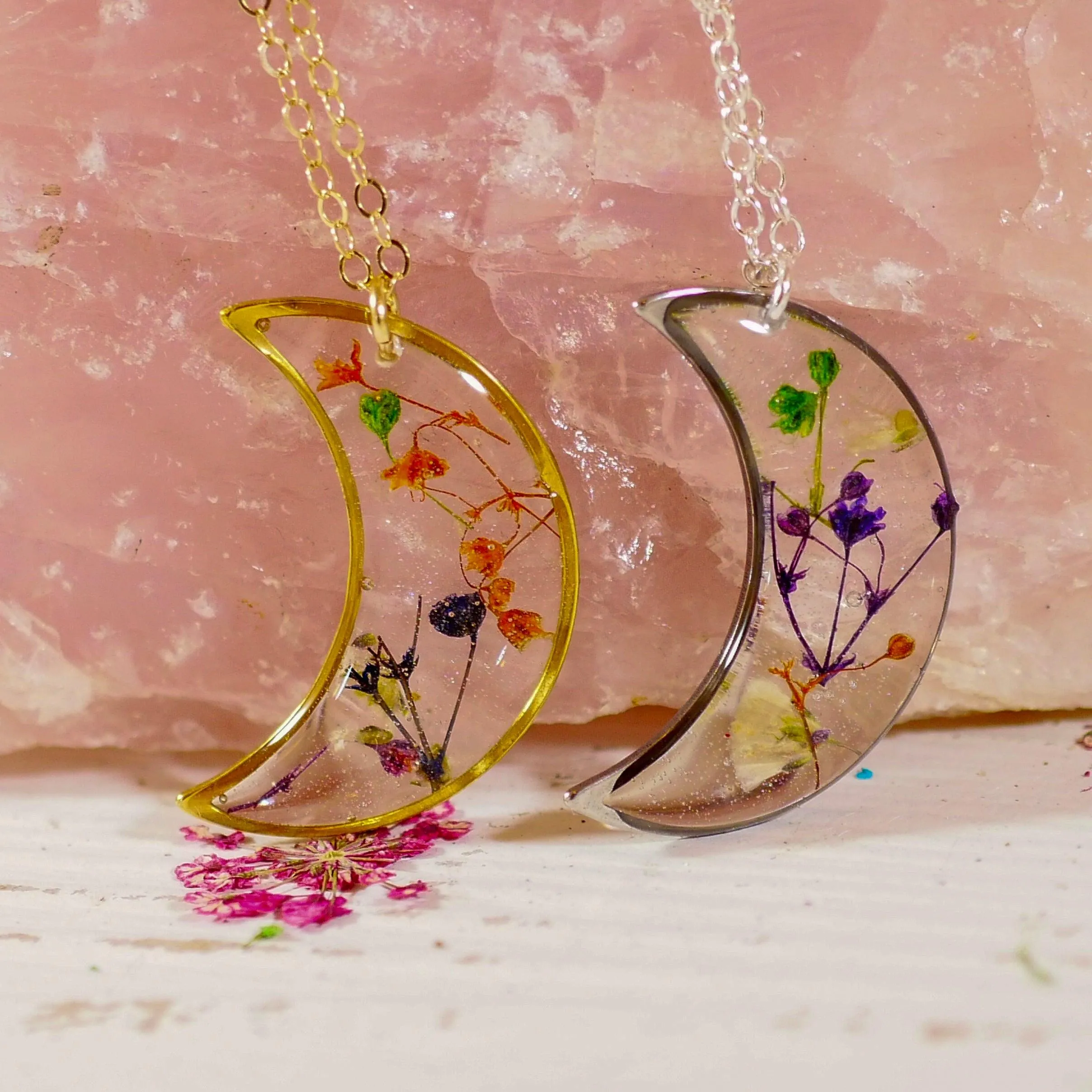 Colorful Pressed Baby’s Breath Moon Pendant Necklace – Sterling Silver or Gold-Filled with Hand-Dyed Flowers in Resin