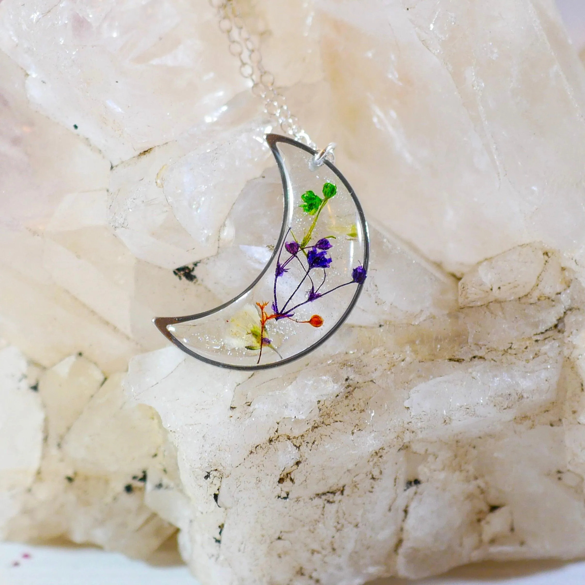 Colorful Pressed Baby’s Breath Moon Pendant Necklace – Sterling Silver or Gold-Filled with Hand-Dyed Flowers in Resin