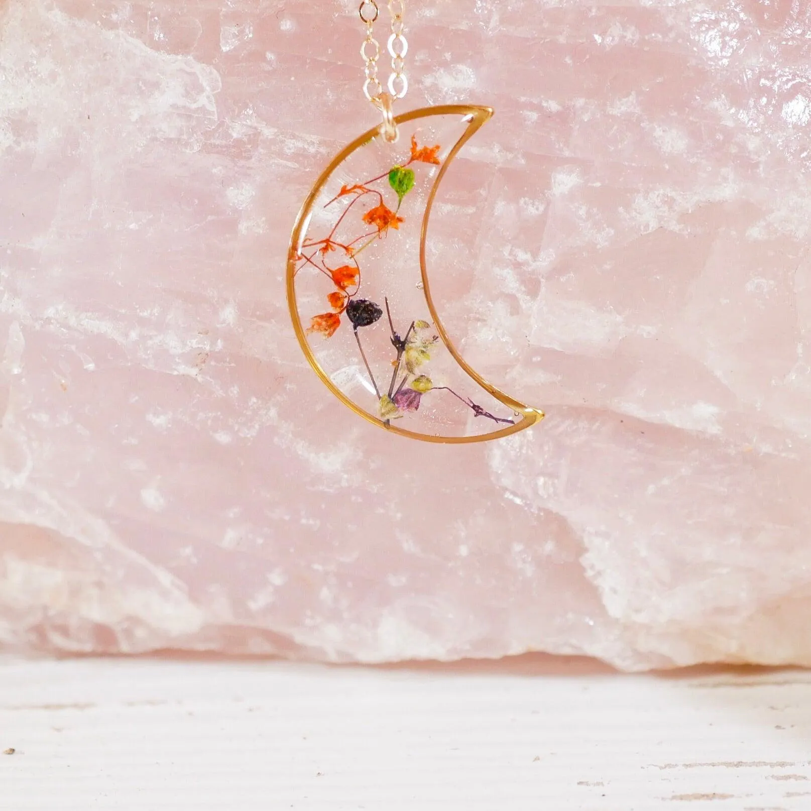 Colorful Pressed Baby’s Breath Moon Pendant Necklace – Sterling Silver or Gold-Filled with Hand-Dyed Flowers in Resin