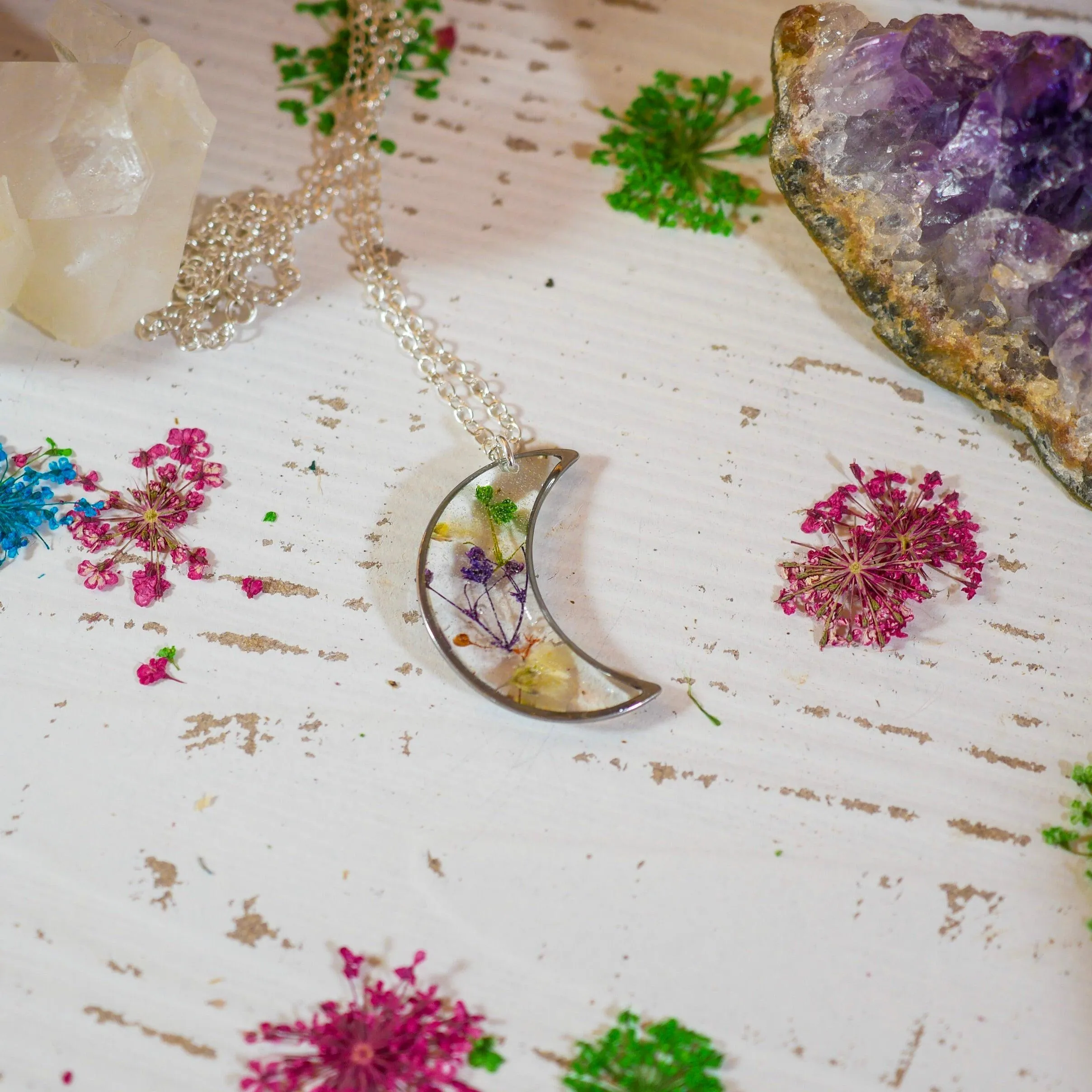 Colorful Pressed Baby’s Breath Moon Pendant Necklace – Sterling Silver or Gold-Filled with Hand-Dyed Flowers in Resin