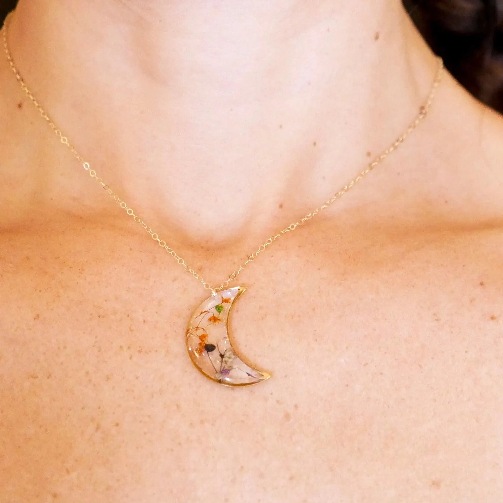 Colorful Pressed Baby’s Breath Moon Pendant Necklace – Sterling Silver or Gold-Filled with Hand-Dyed Flowers in Resin