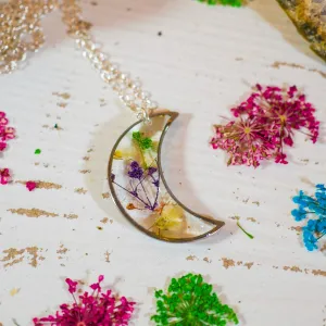 Colorful Pressed Baby’s Breath Moon Pendant Necklace – Sterling Silver or Gold-Filled with Hand-Dyed Flowers in Resin