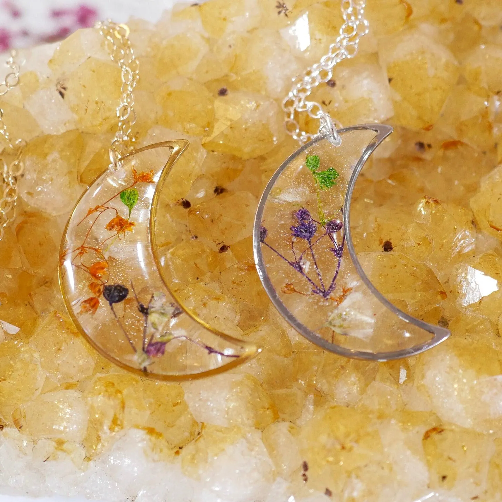 Colorful Pressed Baby’s Breath Moon Pendant Necklace – Sterling Silver or Gold-Filled with Hand-Dyed Flowers in Resin