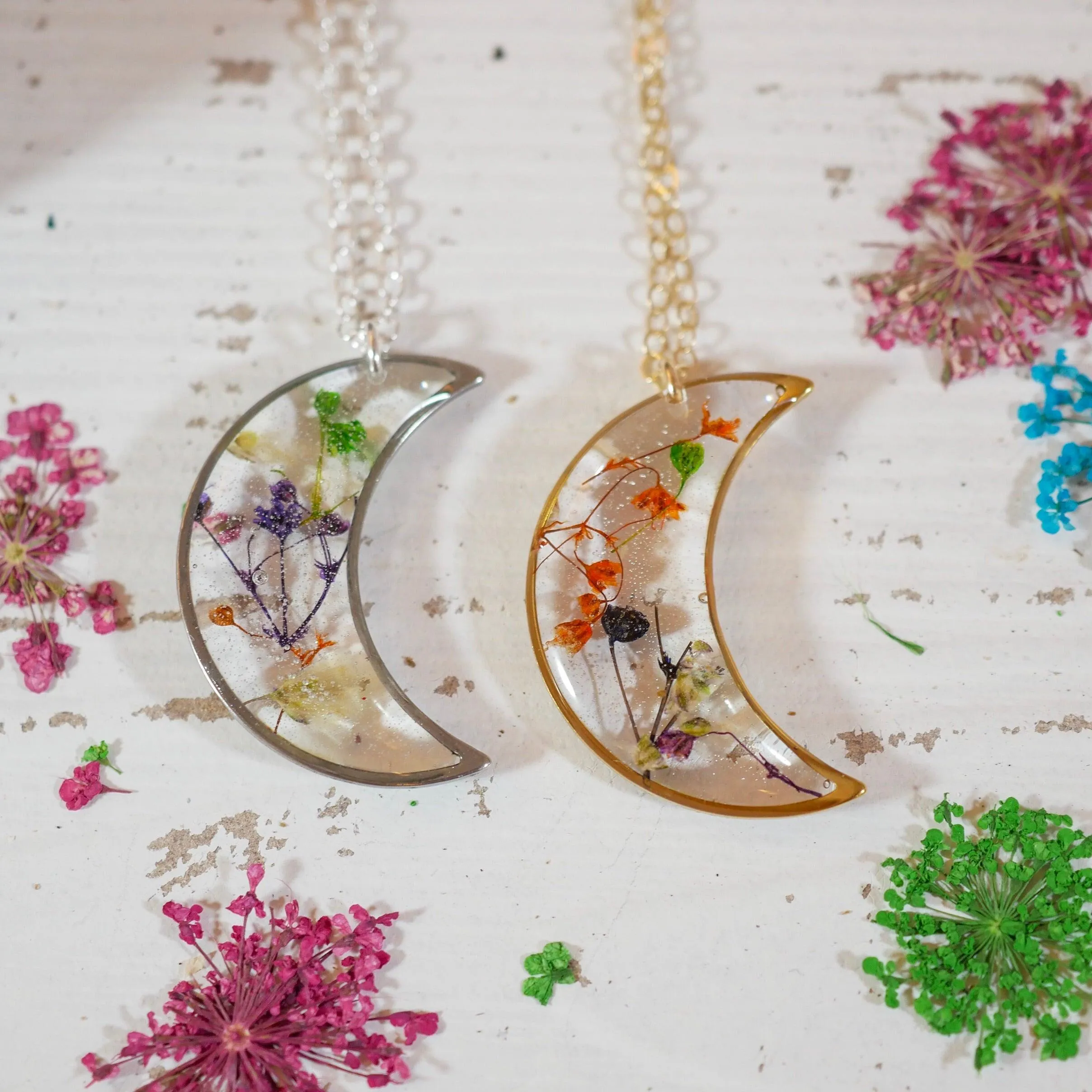 Colorful Pressed Baby’s Breath Moon Pendant Necklace – Sterling Silver or Gold-Filled with Hand-Dyed Flowers in Resin