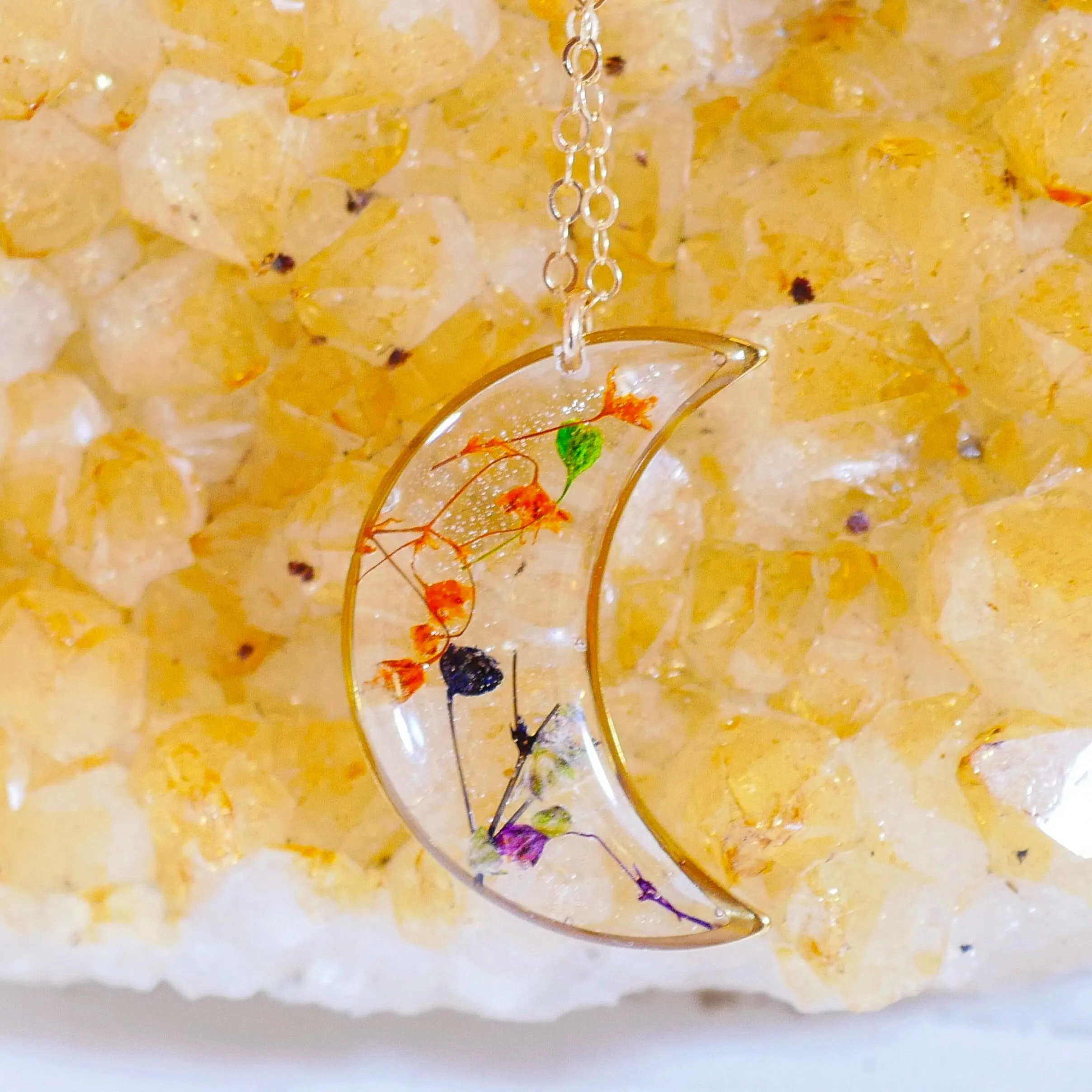 Colorful Pressed Baby’s Breath Moon Pendant Necklace – Sterling Silver or Gold-Filled with Hand-Dyed Flowers in Resin