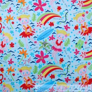 Cotton Fabric HY Aqua Blue Rainbow Hawaiian Luau Hula Girl Flower