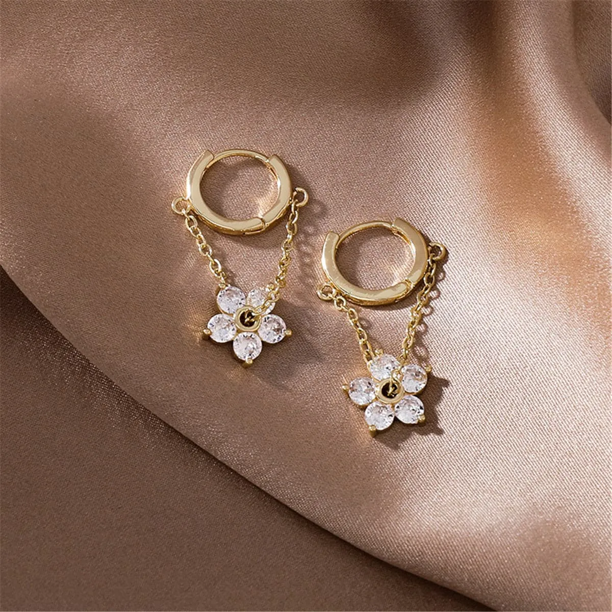 Cubic Zirconia & 18K Gold-Plated Floral Chain Huggie Earrings