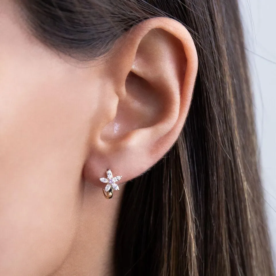 CZ Flower Huggie Earring 14K