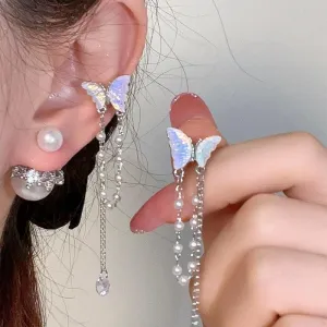 Dainty Butterfly Pearl Chain Rhinestone Tassel Ear Cuff Earrings