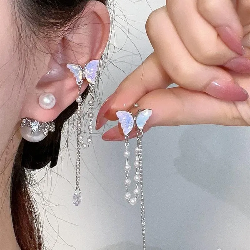 Dainty Butterfly Pearl Chain Rhinestone Tassel Ear Cuff Earrings