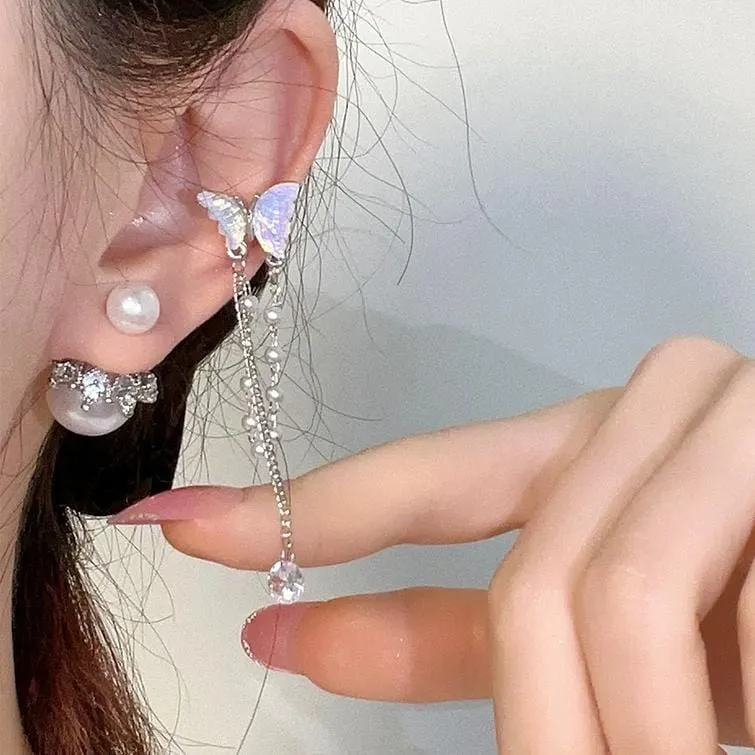 Dainty Butterfly Pearl Chain Rhinestone Tassel Ear Cuff Earrings