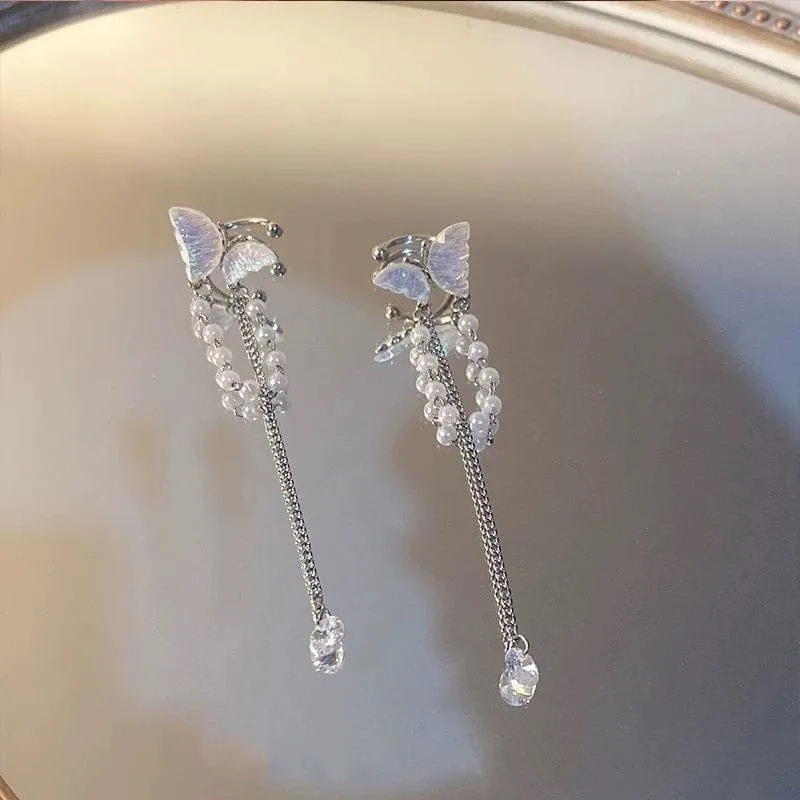 Dainty Butterfly Pearl Chain Rhinestone Tassel Ear Cuff Earrings