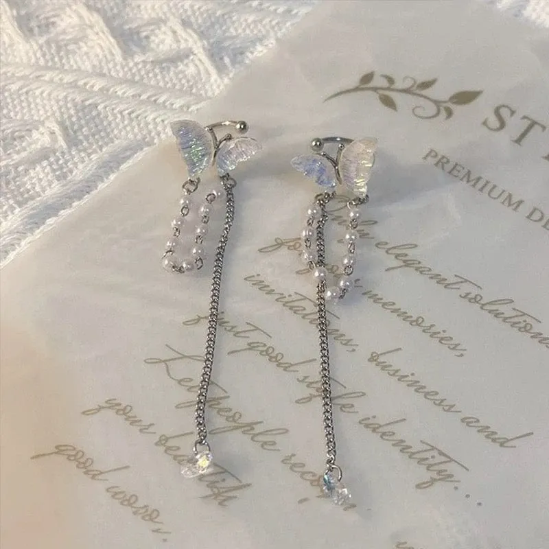 Dainty Butterfly Pearl Chain Rhinestone Tassel Ear Cuff Earrings
